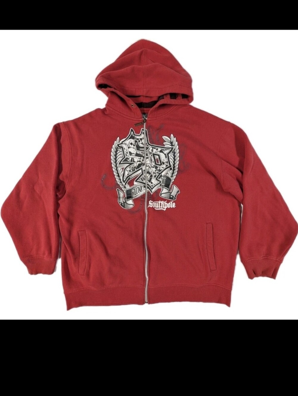 Southpole Y2K Full Zip Hoodie Red XXL Skulls Wings Grunge Skater Sweatshirt